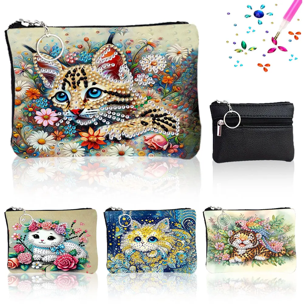 A DIY Cat-Patterned Diamond Painting Art Wallet Set with a Zipper and Key Chain, Suitable for Daily Use and Travel