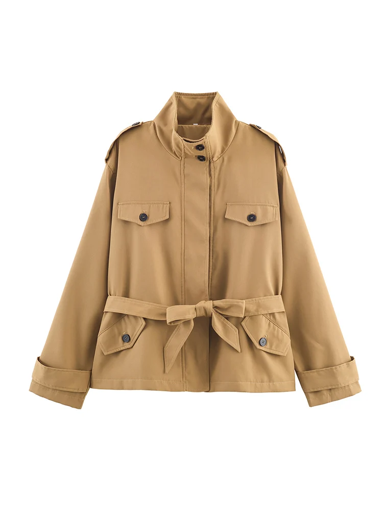 

European style new women's fashion versatile temperament solid color belt decoration short windbreaker jacket