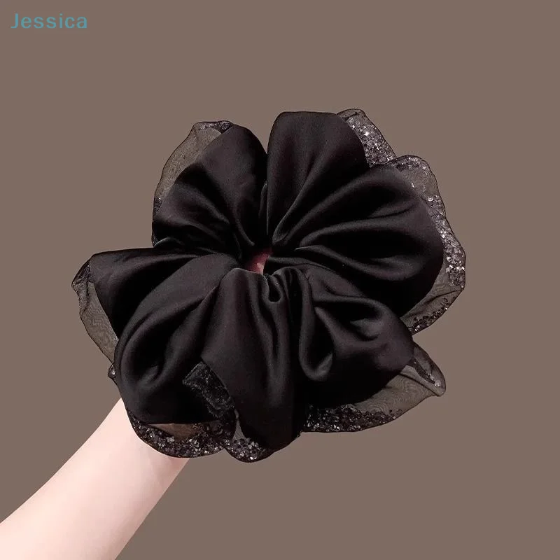 ♥ Grand chouchou en Satin rétro pour femmes, corde de tête noire, sens Senior, corde de cheveux attachée, couvre-chef à fleurs