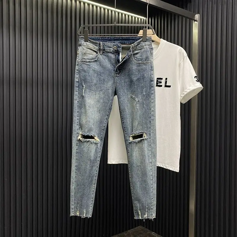 

2025 Spring Autumn New Ripped Jeans Men's Trendy Brand Slim-fit Pants Versatile Handsome Elastic Beggar Pants Designer Jeans