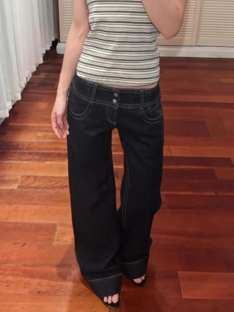 Dark Blue Button Retro Y2k Women's Jeans American Loose Fashion Straight Leg Jeans Low Rise Wide Leg Denim Trousers Streetwear