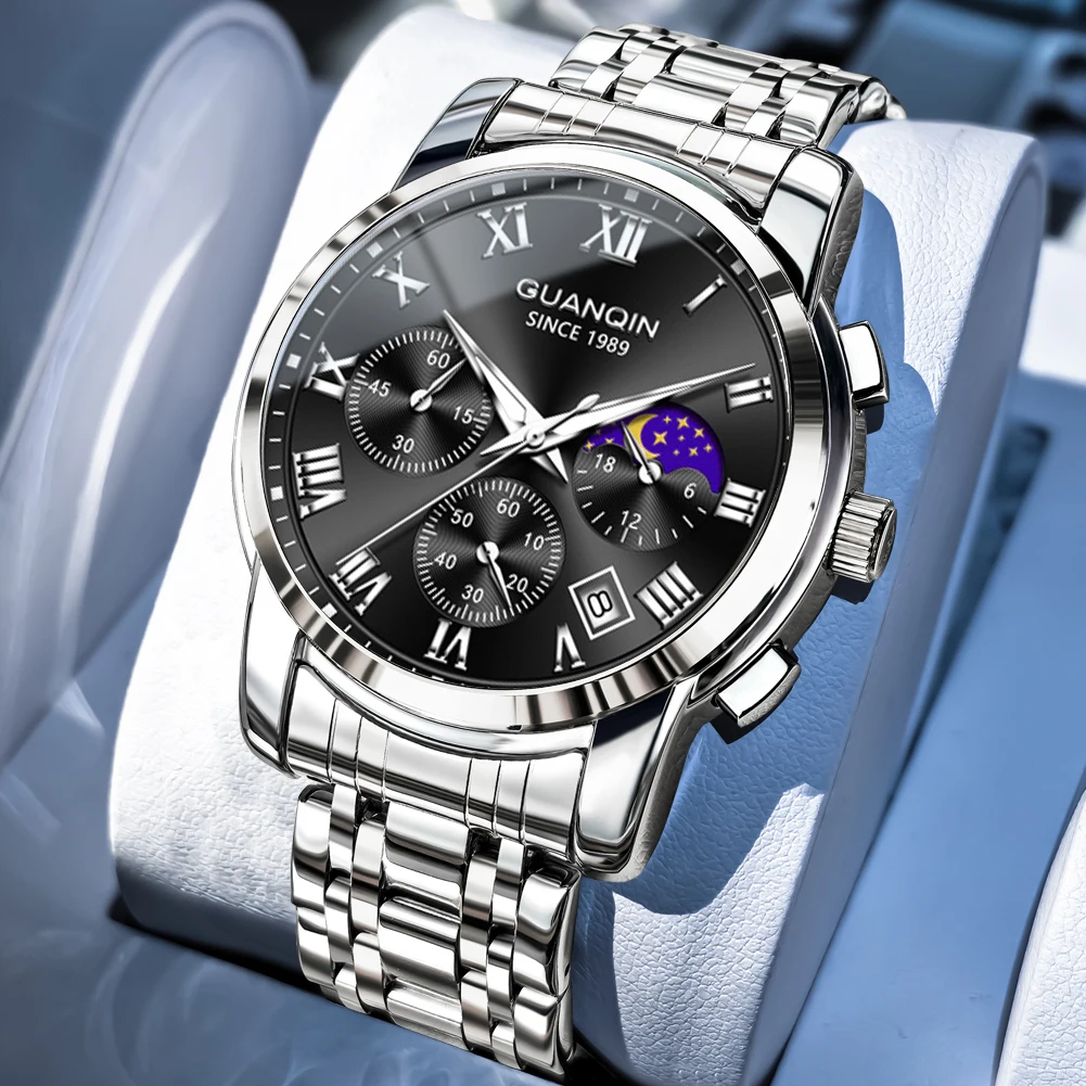 

GUANQIN Men Watches Trend Fashion Multi-functional Roman Scale Quartz Wristwatch Moon Phase Waterproof Luminous Date Chronograph