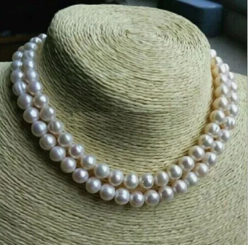 Double Strand 9-10mm White Natural South Sea Pearl Necklace 14K