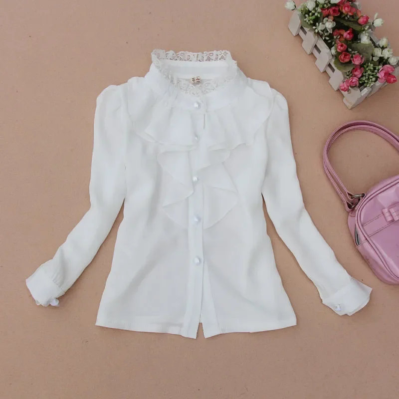 2024 Spring Fall 2-16 Y Chiffon Lace Baby Big Girls Blouse White Clothes Child Long Sleeve School Girl Shirt Kids Tops JW0263