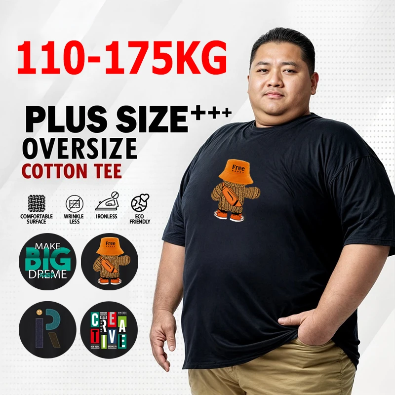 Camisetas para hombre, camiseta estampada de talla grande 110-175kg 7XL, Camiseta negra de algodón con cuello redondo, camisetas de manga corta de gran tamaño, ropa para hombre grande