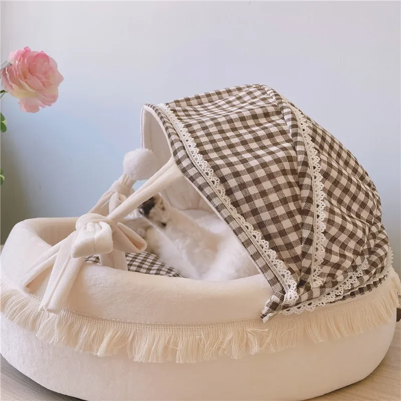 PET Cradle Four Seasons Dog Nest Plaid Cat Bed Cute Internet Celebrity INS Wind Tent Tassel Lace Cat Nest Cushion 2 Sides