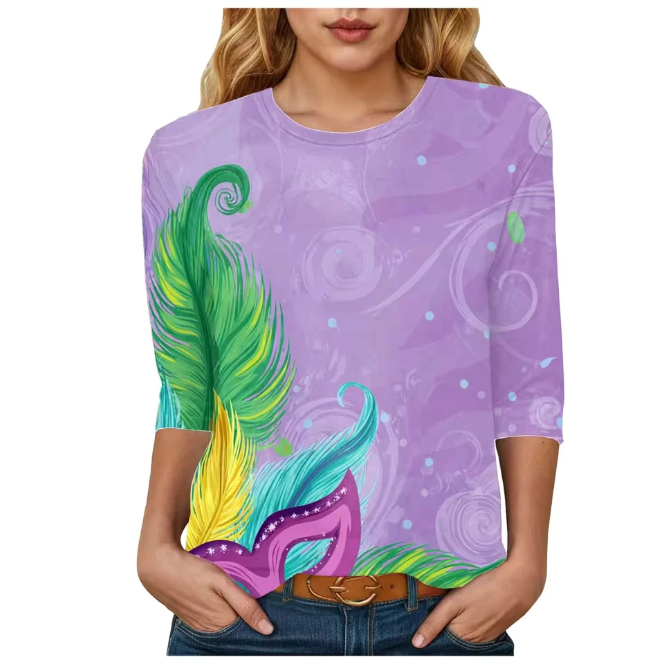 

Women Summer Fashion Round Neck Printed Top Basic Three Quarter Sleeve T Shirt Top Womens Workout Tops Short Sleeve