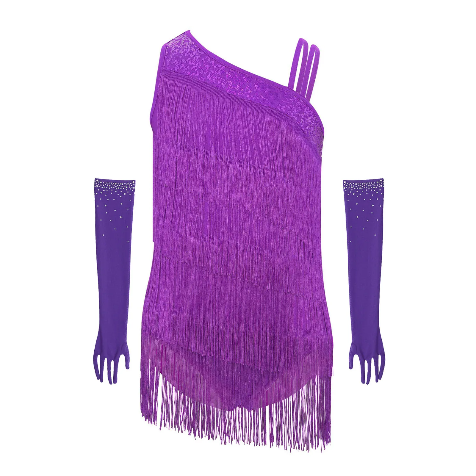 女の子ラテンダンス衣装セット スパンコールタッセルとラインストーンレオタード 手袋付き 社交競技用 ステージパフォーマンス用