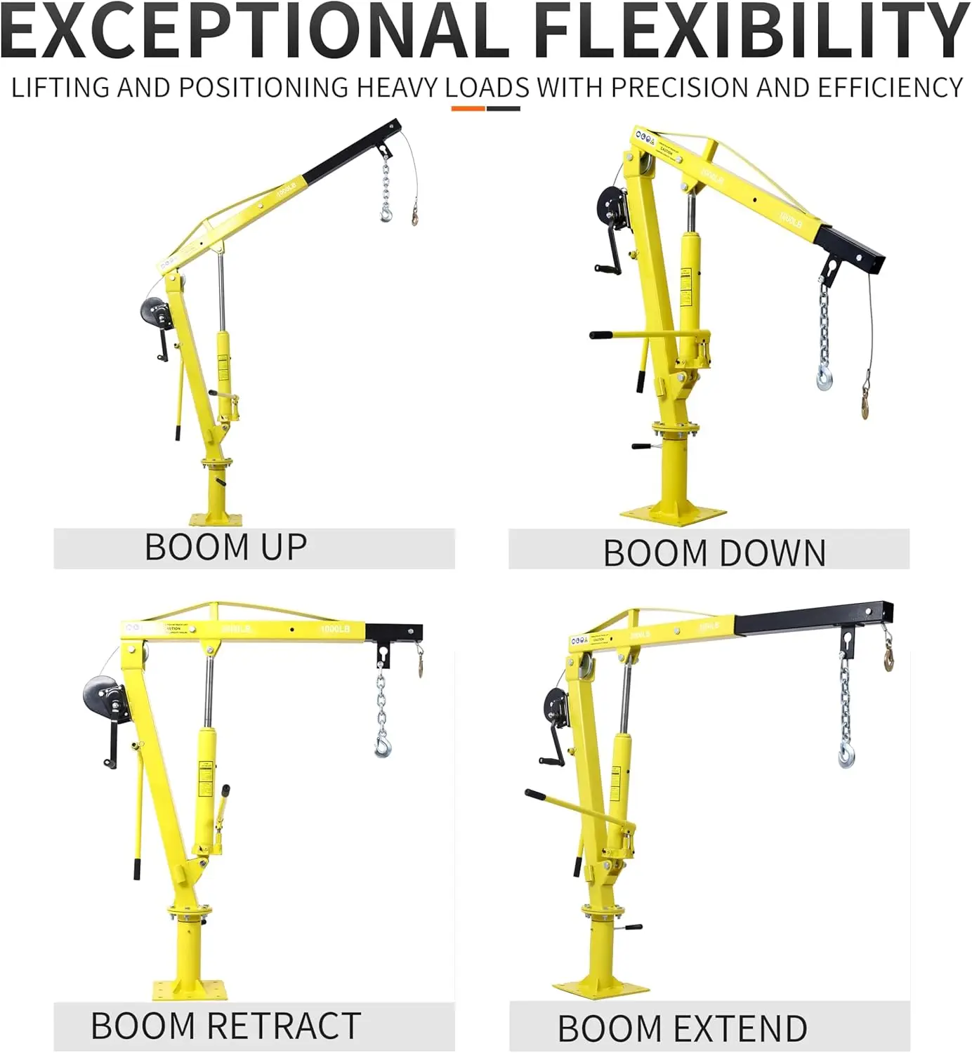 Truck Bed Hoist with Hand Winch Pickup Jib Crane 2000 lbs Capacity Hydraulic Extendable Boom 360° Pivot Yellow