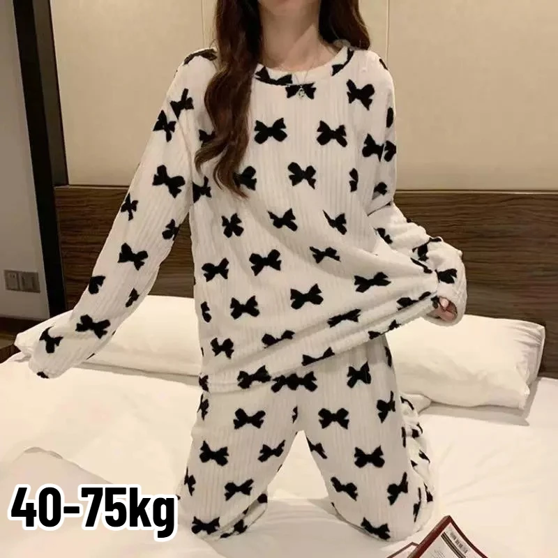 1-4PCS Womens Pajama Set Coral Fleece Thick Long Sleeve Bow Top and Pants Home Lounge Sleepwear Winter Warm Indoor Nightwear
