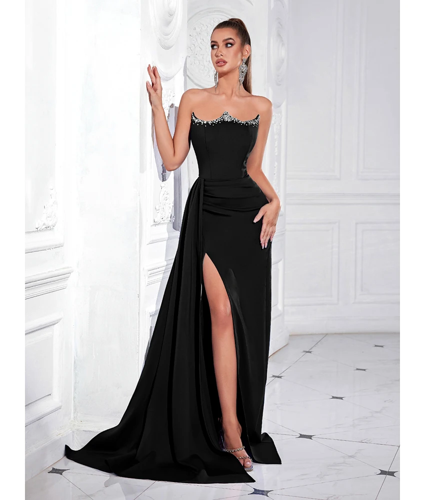 

Customized Fashion Jersey A-Line Crystal Evening Dress High Quality Sweetheart Sleeveless Floor Length فساتين سهرة
