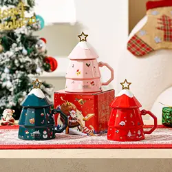 Christmas Mug Cup Gift Box Lovely Tree Shaped Santa Claus Snowman Elk Painted Mug For Milk Coffee Navidad New Year Gifts 2025