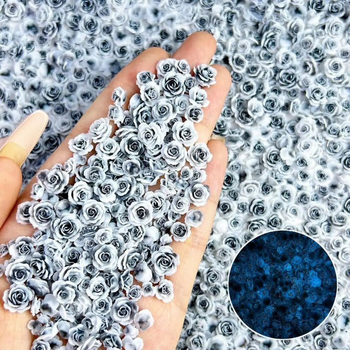 

Random Mixed Black White Gradient Flower Nail Charms Glow in the Dark Resin Camellia Rose Nail Art Decorations Accessories
