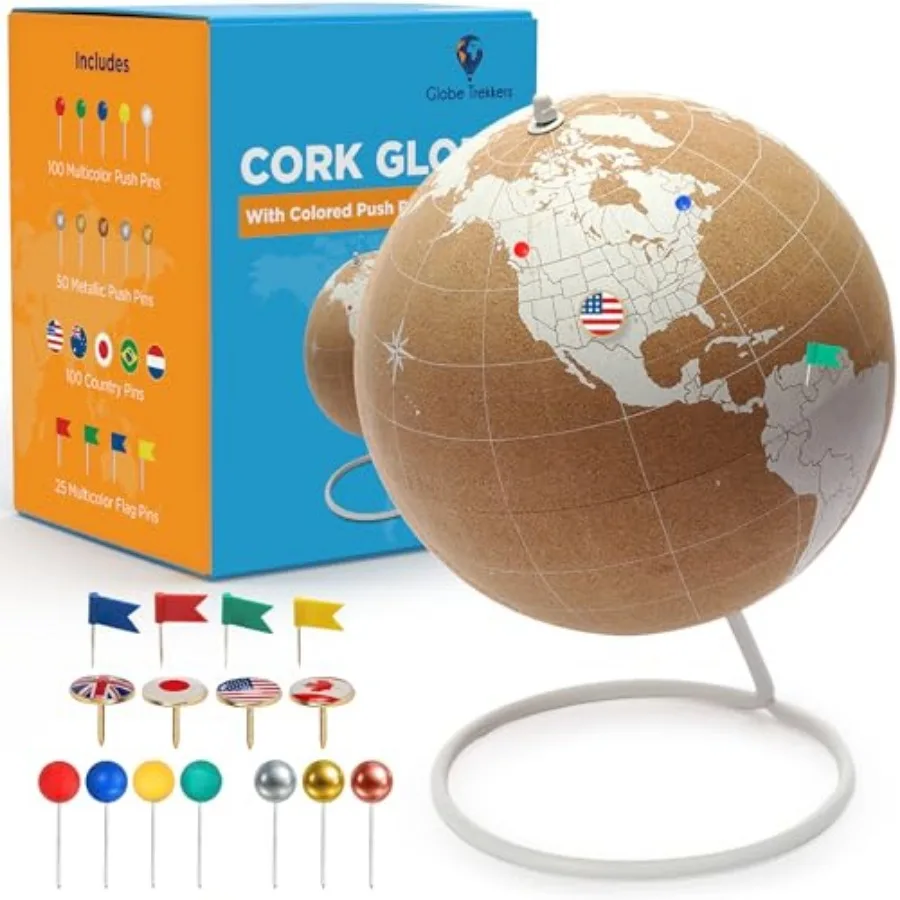 

White Cork Globe with Push Pins - 7.9" Tall Globe with Map of the World and Rotating Stand for Adults 50 Metallic and 100 Color
