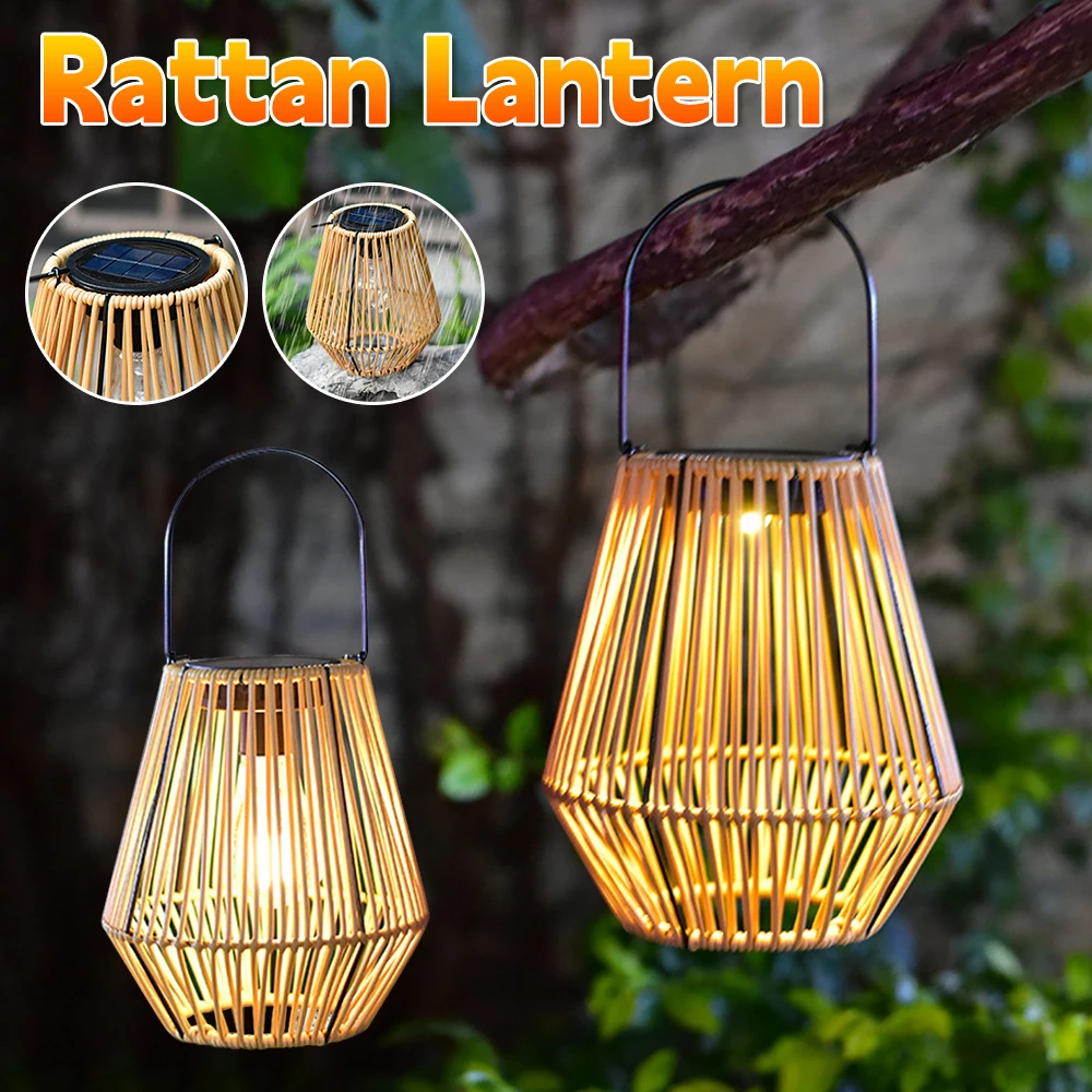 Lanterna de suspensão solar do Rattan com alça Luz solar ao ar livre, Lâmpada de bambu de tecelagem do Rattan, Lâmpada solar exterior