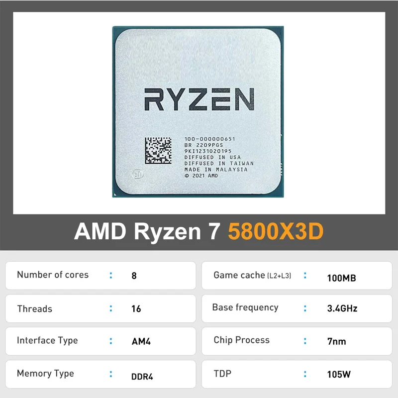 Imagem -02 - Processador Amd Ryzen Gaming 75800x3d r7 5800x3d 3.4ghz Core 16 Thread 7nm l3 = 96m 1000000651 Am4 Novo