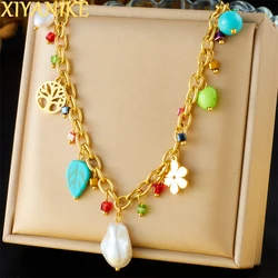 XIYANIKE 316L Stainless Flower Tree Of Life Colorful Multi Accessory Necklace For Women Small Fresh Clavicle Chain Party Gift
