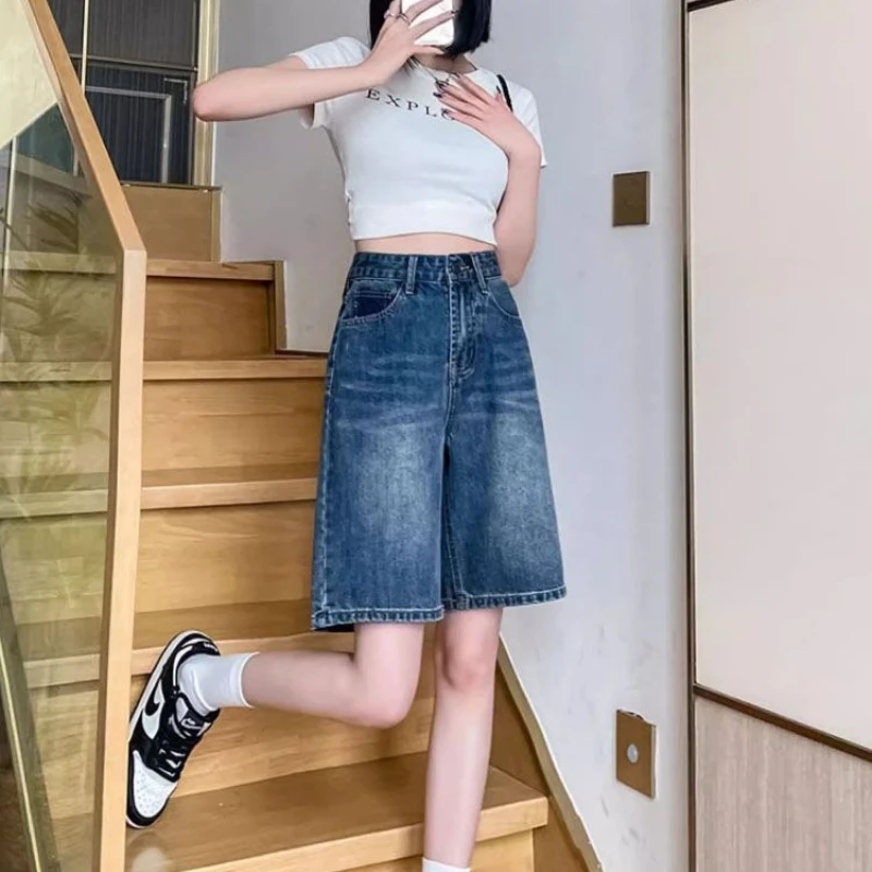

Five-point Denim Shorts for Women in Summer New High-waist Retro Contrasting Color Loose Straight-leg Mid-pants