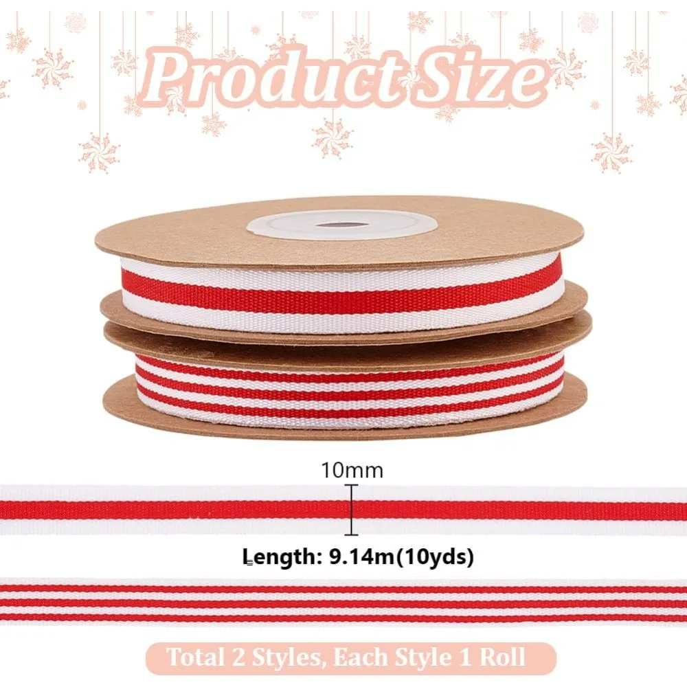 20 Yards Red White Stripe Ribbon 2 Styles 3/8 inch(10mm) Fabric Ribbons Red White Polyester Grosgrain Ribbon for Gift Wrapping