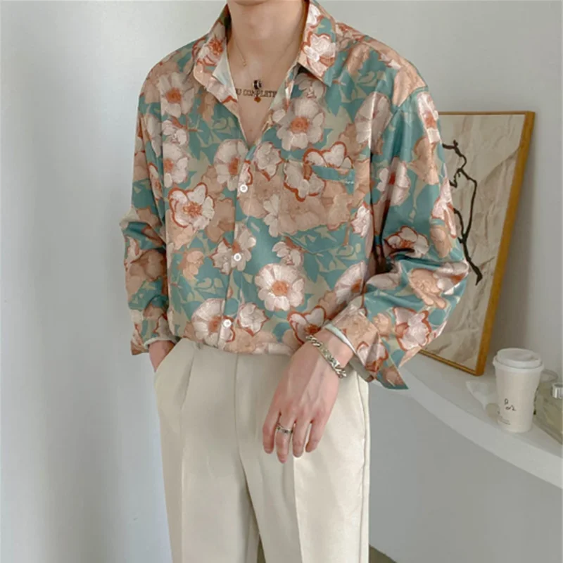 

Fashion Street Apparel Retro Hong Kong Flower Shirt Loose and Luxury Spring/Summer Thin Long Sleeve Shirt Men's Clothing E0009