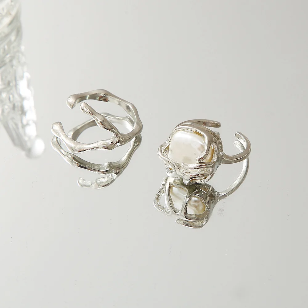 LATS Silver Color Creative Irregular Floral Pearl Rings Set for Women Geometric Metal Wave Opening Ring 2022 Fashion Jewerly