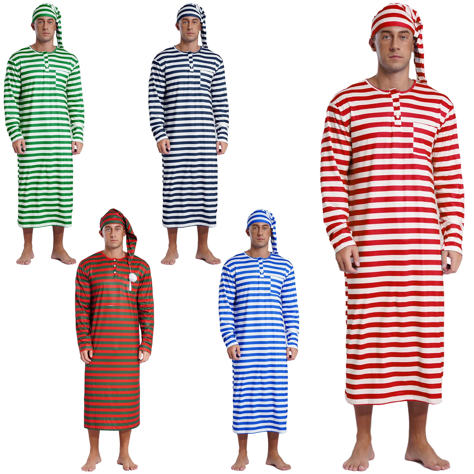 Men Striped Sleep Robe Xmas Cosplay Costume Set Long Sleeve Loose Long Robe with Pom-pom Hat Sissy Nightwear Christmas Sleepwear