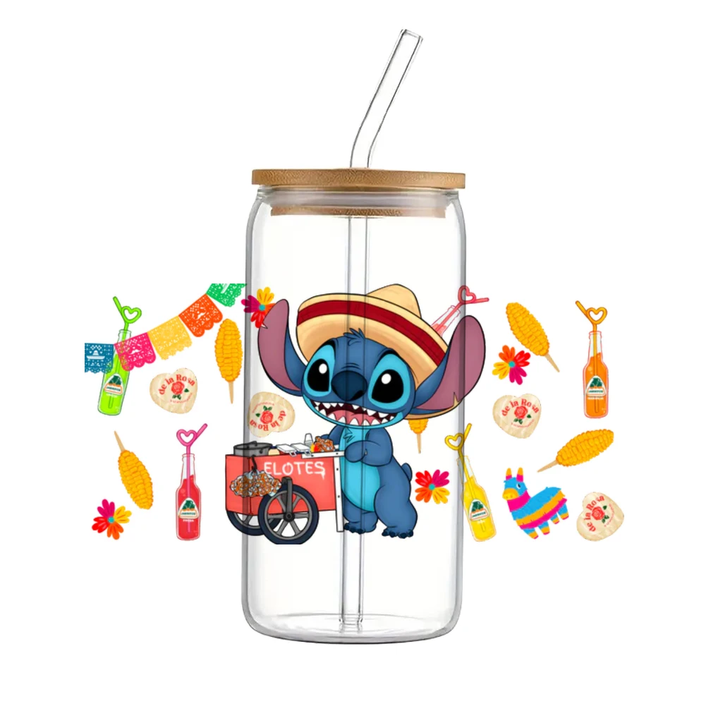 Stitch 16oz UV DTF Cup Wrap Libbey Glass Beer Can tumbler Transfer Stickers Waterproof Permanent Adhesive Spring Flower Cartoon