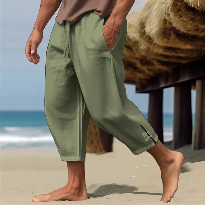 Seaside Beach Daily Leisure Mens Linen Pant Spring Summer Fashion Side Slit Design Thin Pant Men Casual Loose Three Quarter Pant