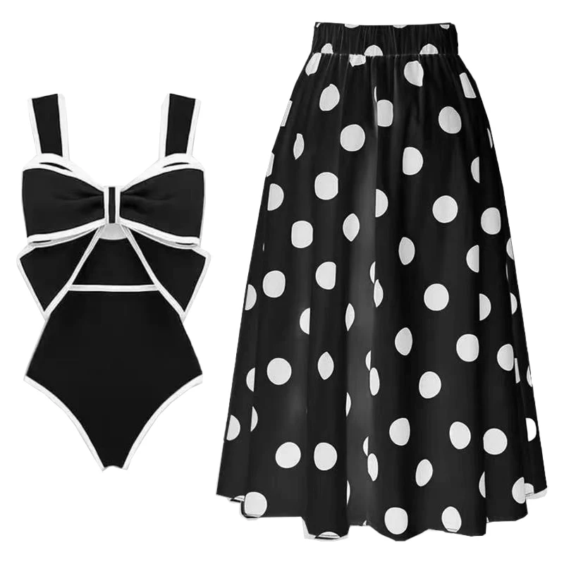 Sexy 2024 Women Vintage 3D Bow-tie One Piece Swimsuit Set Vacation Swimwear Beachwear Bathing Suit Bikini Monokini Bodysuit