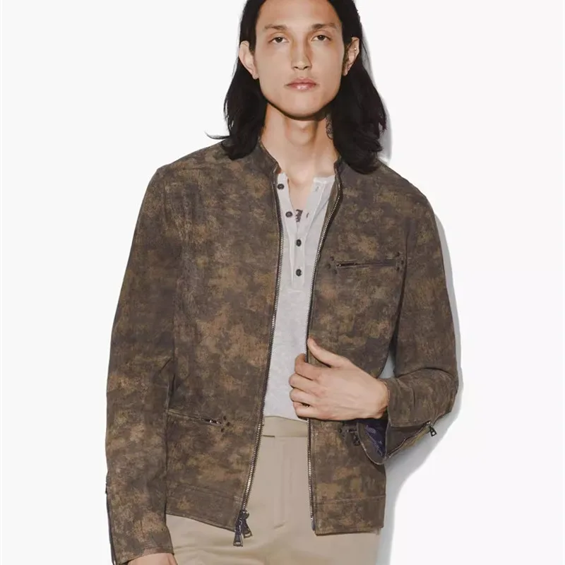 

Защитная бархатная легкая футболка из козьей кожи, воротник-стойка на пуговицах, кожаный джет Busin Sle для молодых мужчин