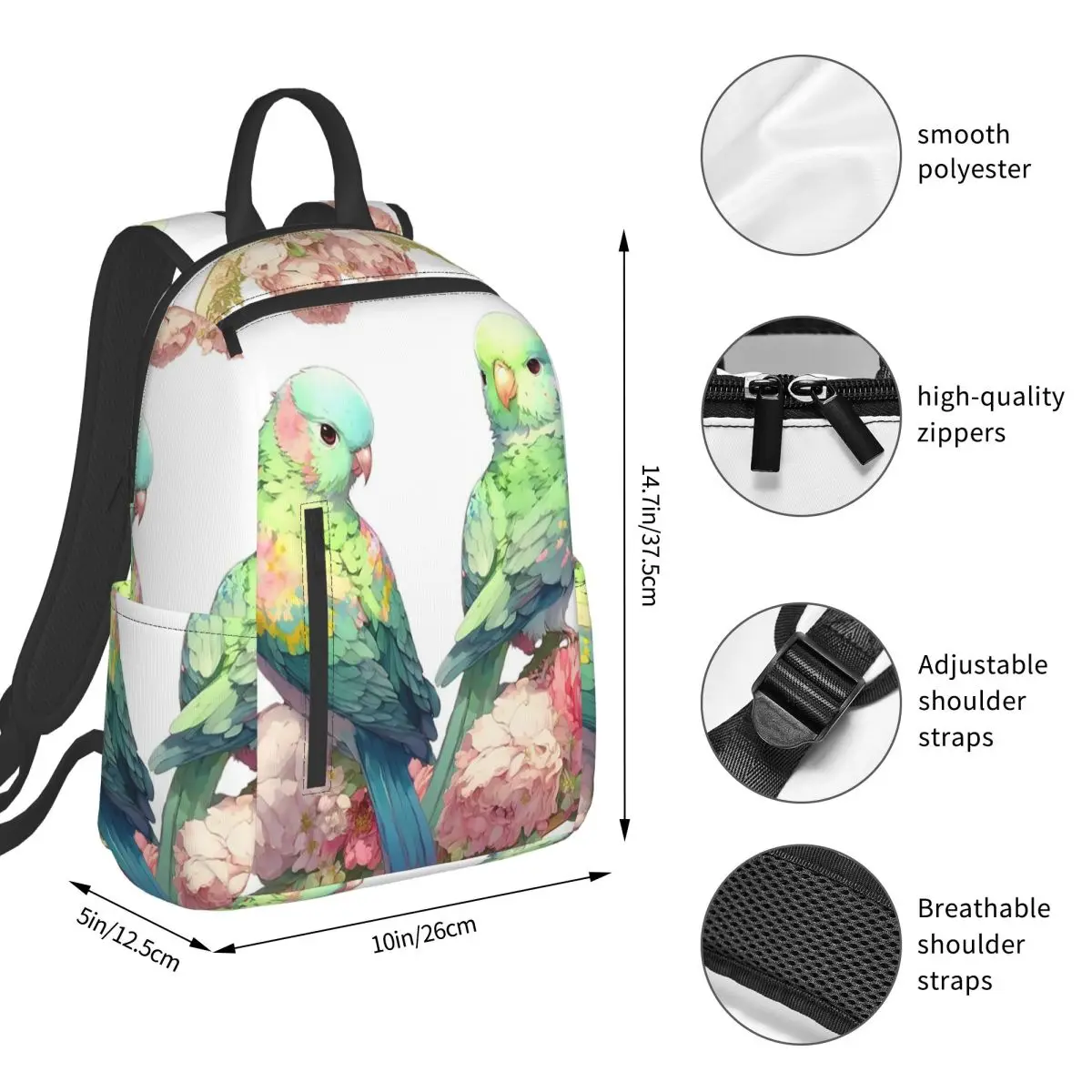 Two Green Parrots Birds And Blooms Flowers Backpack Student BookBag Children School Bag Laptop Shoulder Bags Men Women