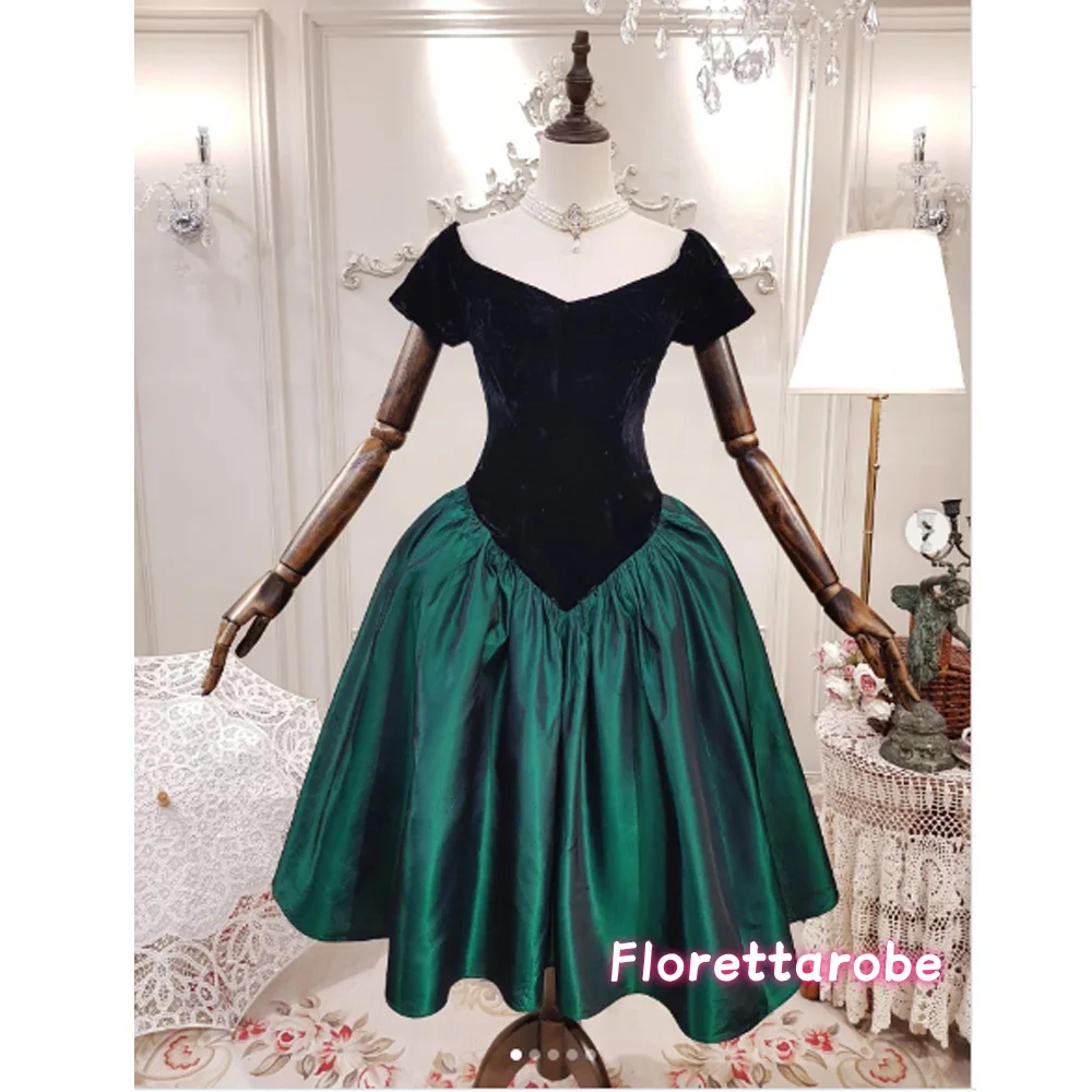 

Customized Dark Green Short Sleeve Velvet Satin Prom Dress Two-Tone A-Line Party Dresses Elegant Formal robes de soirée ﻿