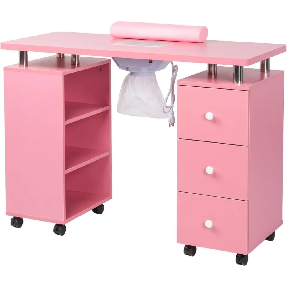 

Manicure Table Nail Desk for Nail Tech, Nail Table Beauty Salon Tech Station w/Electric Downdraft Vent, Lockable Wheels