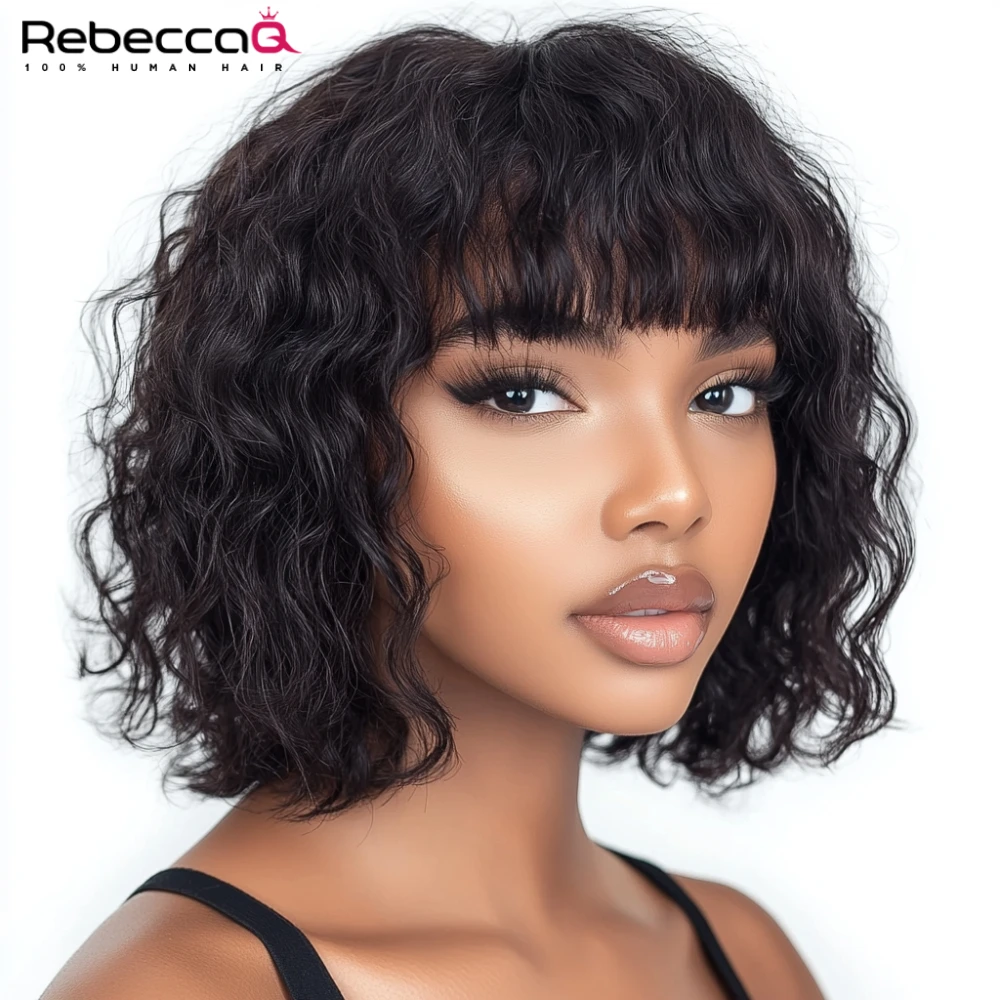 

Water Curly Glueless Human Hair Wigs with Bang Machine Made Wig With Neat Fringe for Women QVR Short Curly Bob Natural Remy Wig