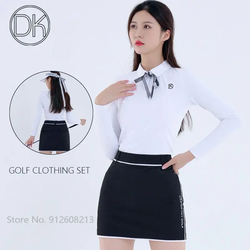 

DK Girl Golf Blouse Ladies High Waist Golf Short Skirt Bow Tie Sports Shirts Long-Sleeved Tops A-lined Pencil Skirt Clothing Set