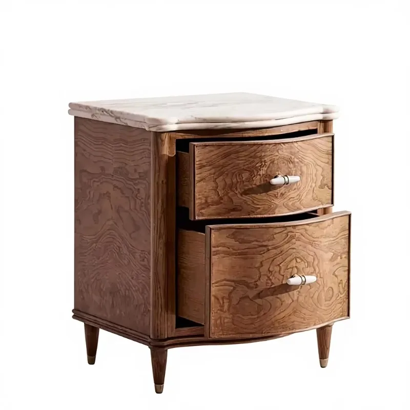 Modern Antique Handcrafted Panel Wood Symmetrical Bedroom Nightstand 2 Drawers High-End Stainless Steel Furniture for Home Use