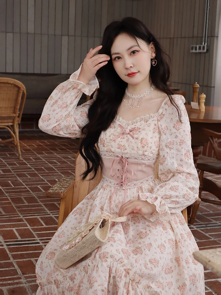 2023 Spring Pink Floral Elegant Dress Women Bandage Lace Print Sweet Vintage Dress Puff Sleeve Kawaii Dress Women Princess Fairy