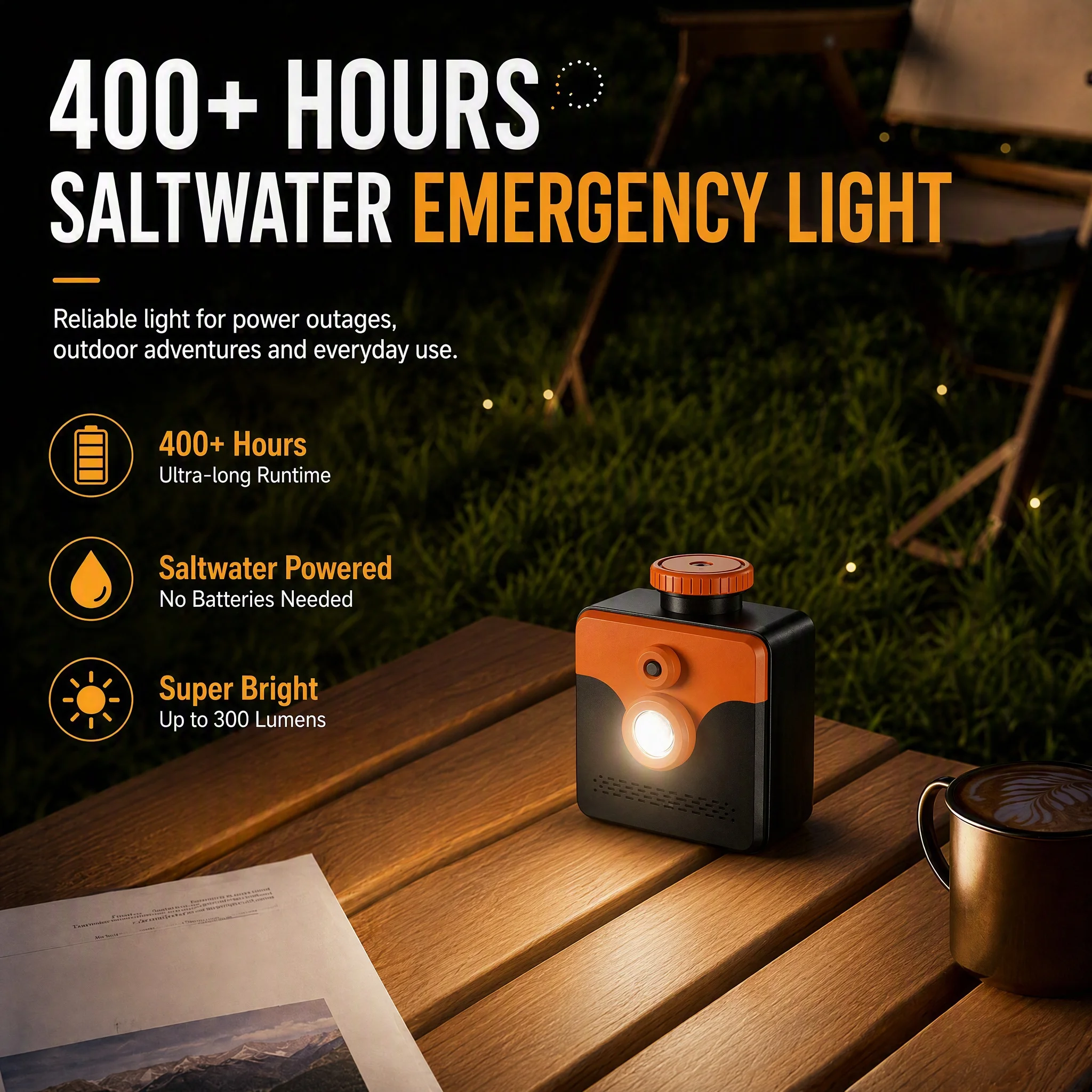No Battery Saltwater Generator Torch 250lm 2-Mode Leak-proof 400hr Camping Hiking Power Outage Emergency Light