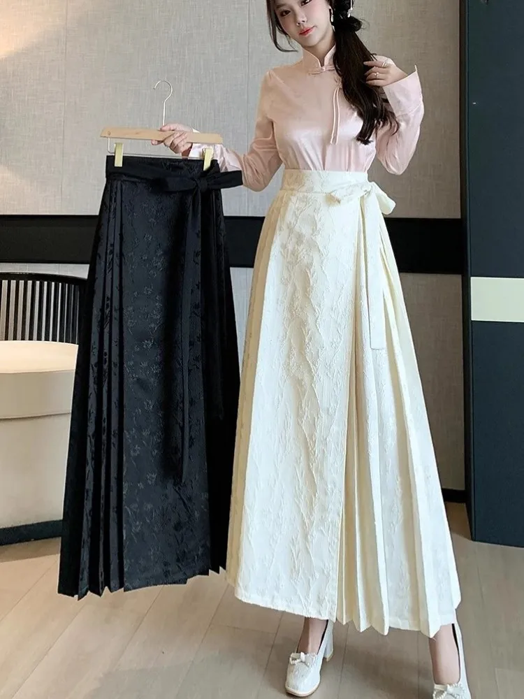 New Chinese Style Women High Waist Pleated Skirt Vintage Design Lace Up Solid Color A-Line Long Skirts Elegant Lady Casual Skirt