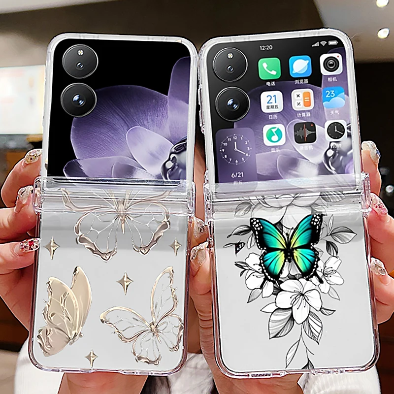 Für Xiaomi Mix Flip 5G Klar Telefon Fall Retro Schmetterling Muster Transparent Stoßfest Falten Harte Rückseitige Abdeckung Für mi Mix Flip