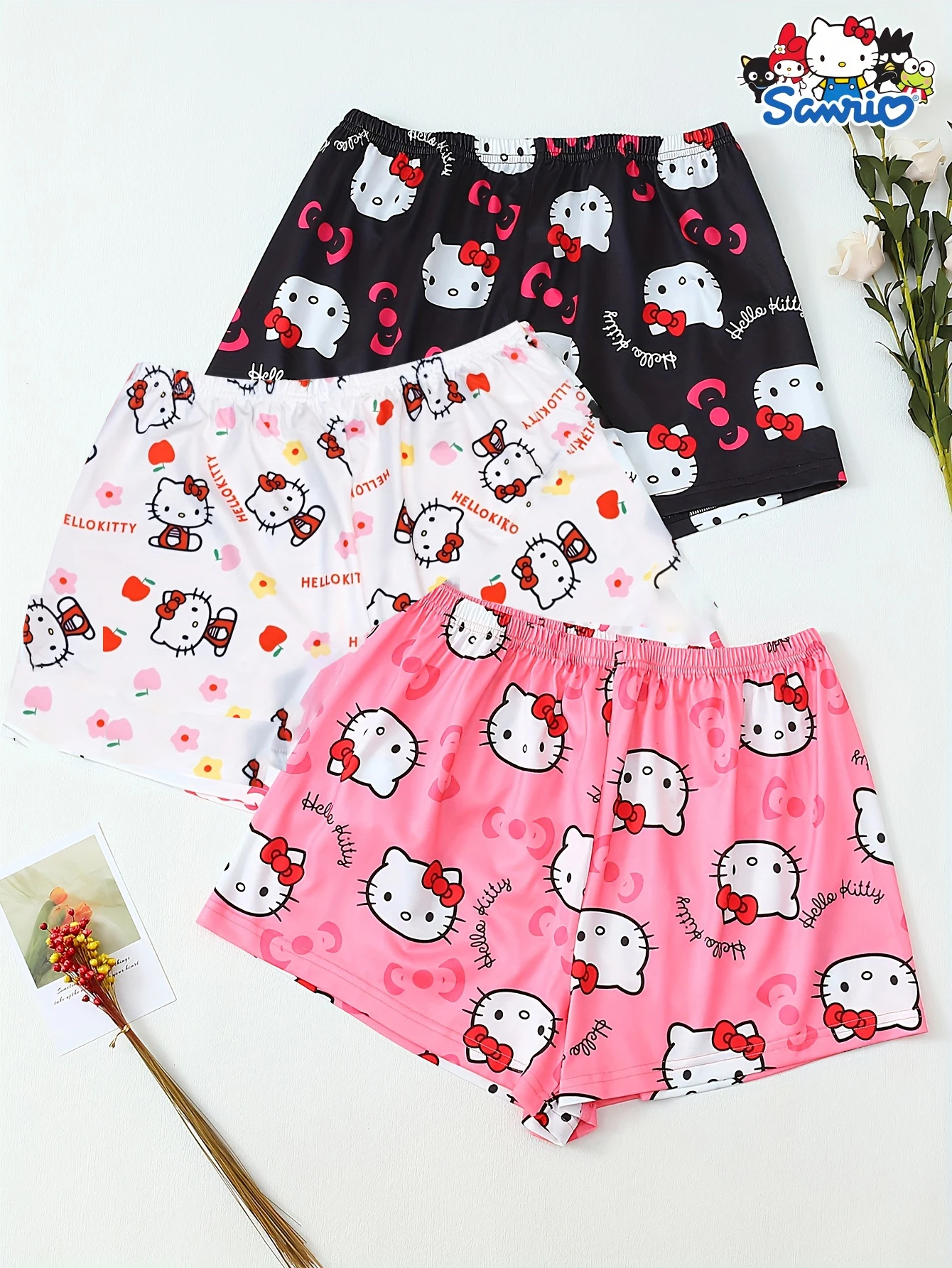 

3pcs Sanrio Hello Kitty women's cute cartoon pajamas shorts for summer comfort, soft polyester suitable for home wear