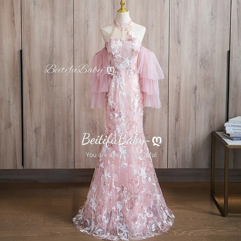 

BeitifuBaby Princess Style Women's Evening Dresses Halter Sleeveless Lace Embroidery Banquet Ball Gown Party Dress for Women