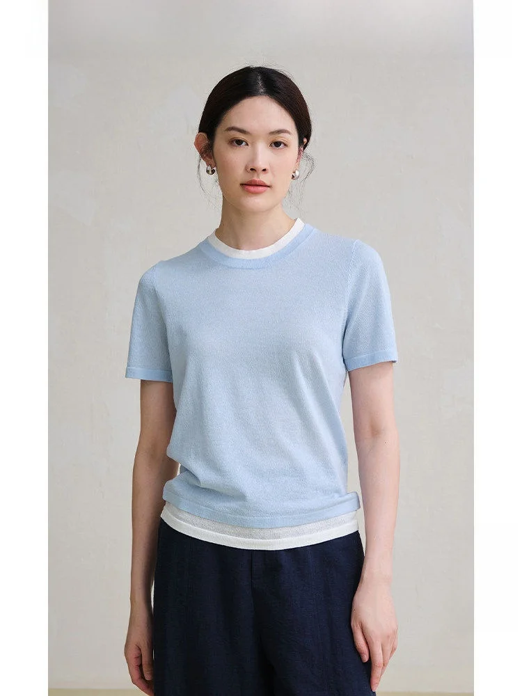 

Travel Original Linen Lyocell Color Block Fake Two-Piece T-Shirt Casual Loose Short Sleeve Women's Summer Top round Neck