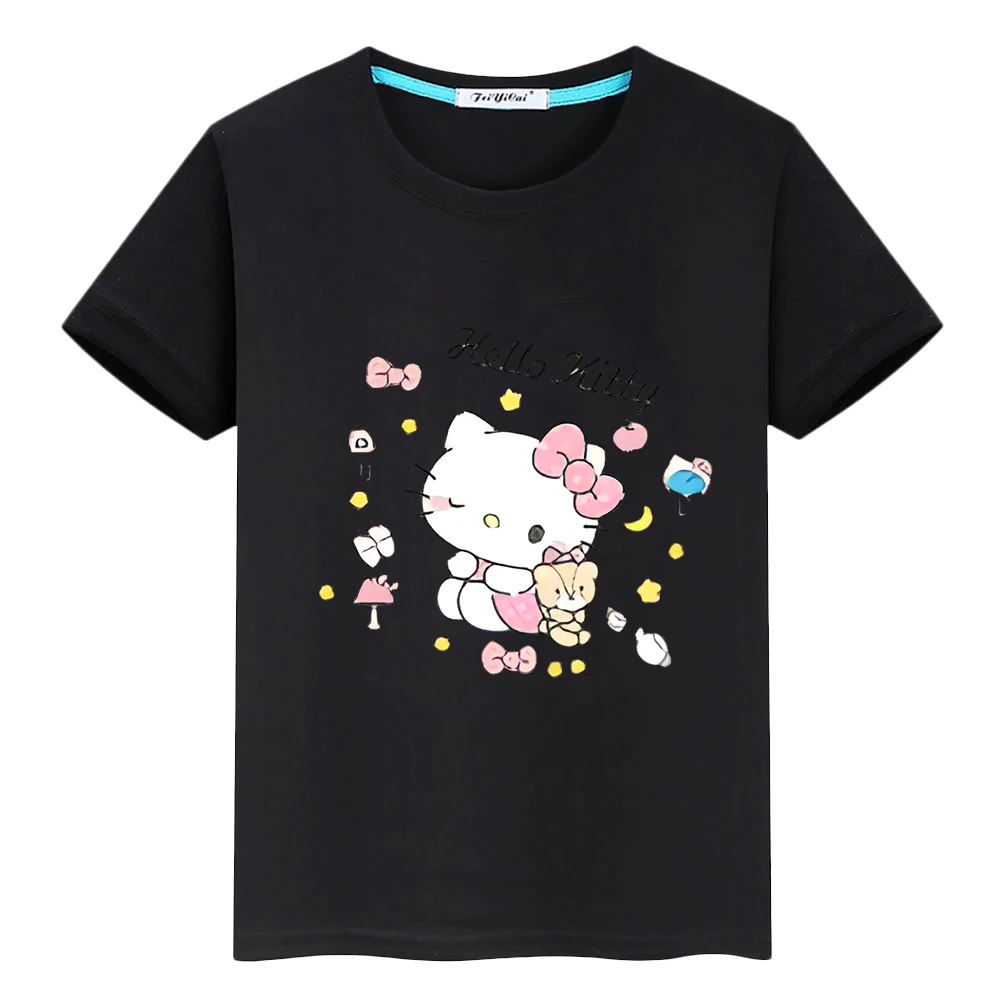 Hello kitty t-shirt estampada para menino e menina, 100% algodão, bonito, anime, curto, orgulho, y2k, presente para as crianças, uma peça, verão