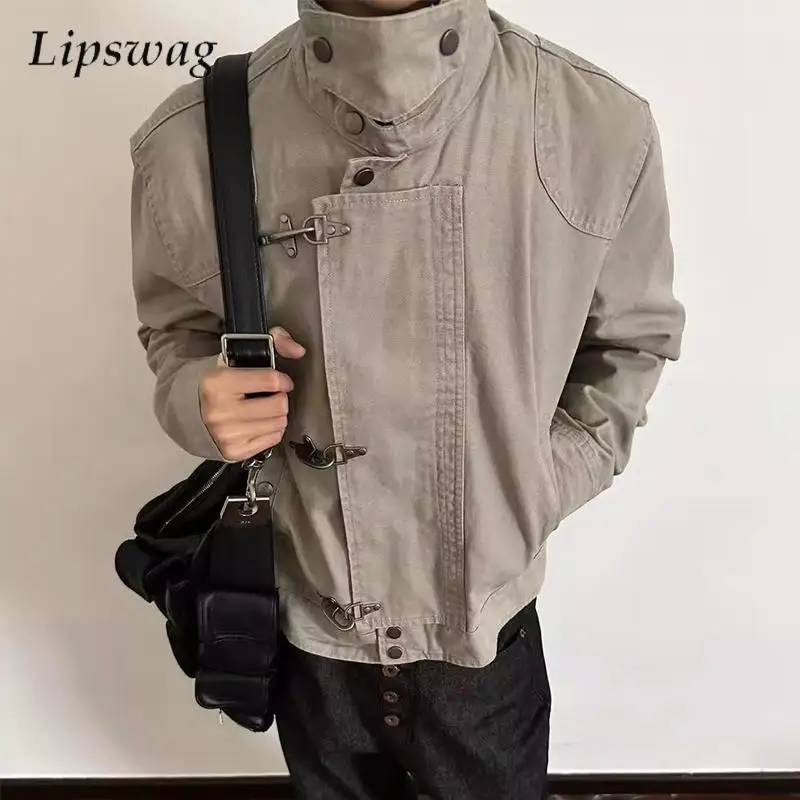 

Винтажная укороченная куртка с металлическими пуговицами, мужская стильная однотонная куртка с отложным воротником, мужское пальто 2026, весенне-осенняя верхняя одежда