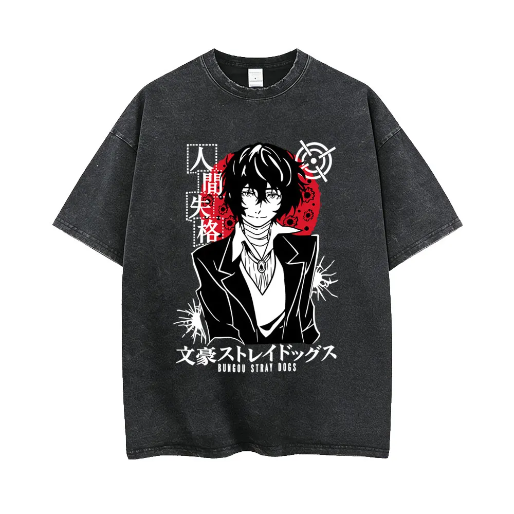 Anime Bungo Stray Dogs Dazai Osamu Vintage Washed T-shirt Men Women Casual Retro Oversized T Shirt Men's Manga Harajuku T-shirts