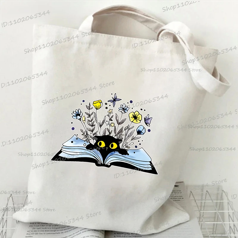 

Wildflower Cat & Book Funny Cartoon Tote Bag Large Capacity Canvas Shoulder Bag Perfect Read Club Gifts Shopping Bags Women Men