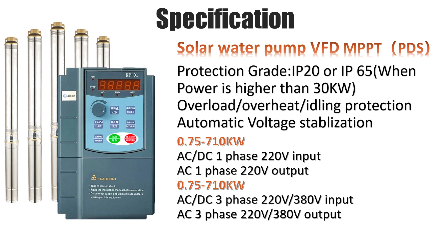 aikon OEM single phase to 3 phase inverter 220v variable frequency drive converter for deep well solar pump