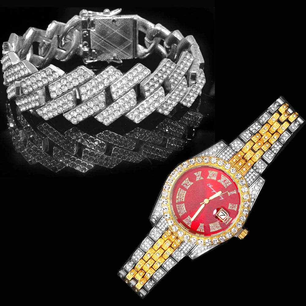 High-Quality Hip Hop Full AAA Stone Bling Iced Out Pave Men's Bracelet Miami Cuban Link Chain Bracelets For Men Iced Out Watch