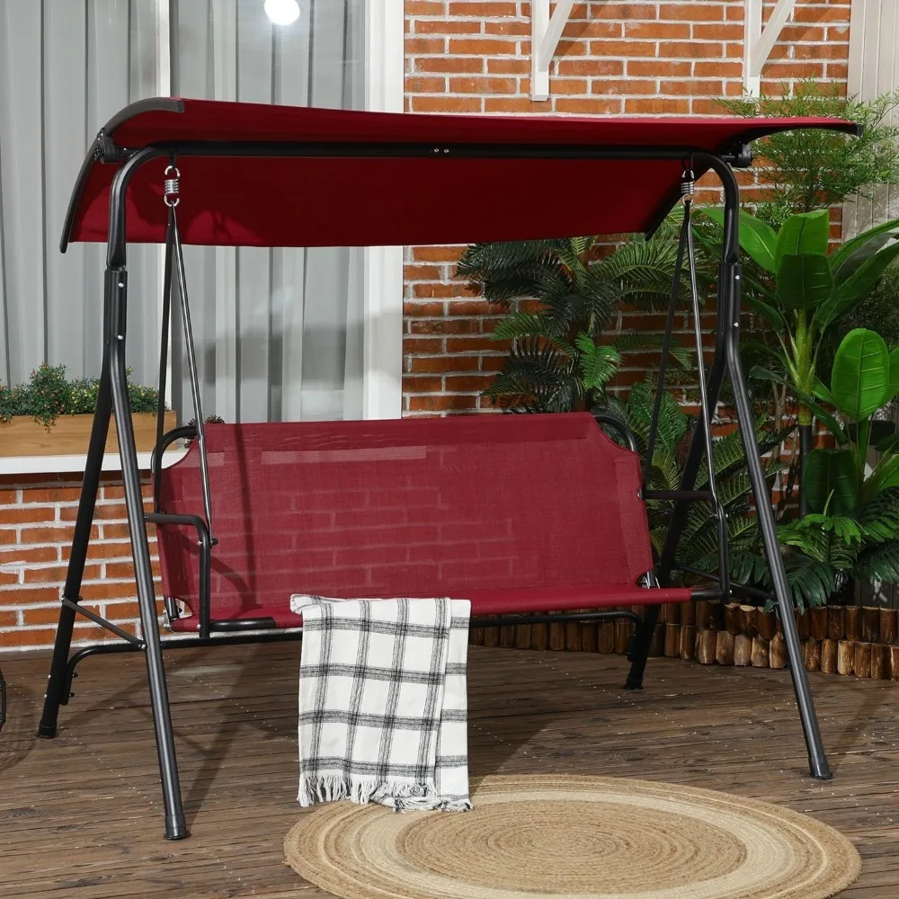 Outdoor Swing, 3-Seat Porch Swing with Canopy Hammock W/Adjustable Backrest and Canopy, Removable Cushions, Patio Swing